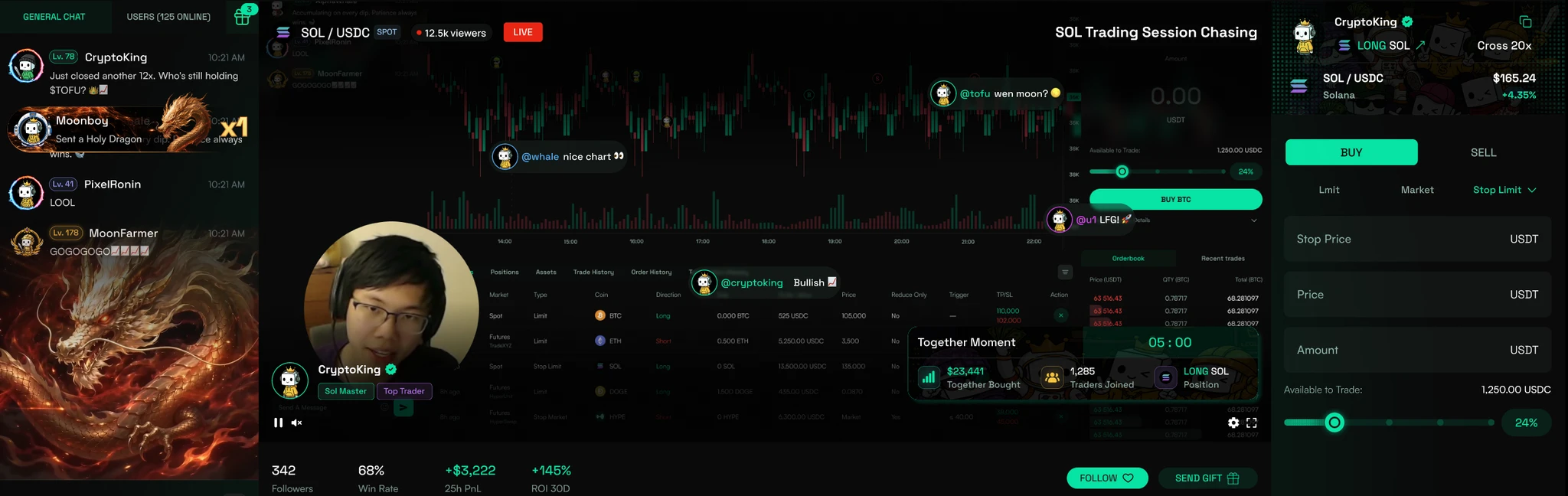 Together.fun live stream — creator trading session with Together Moment overlay